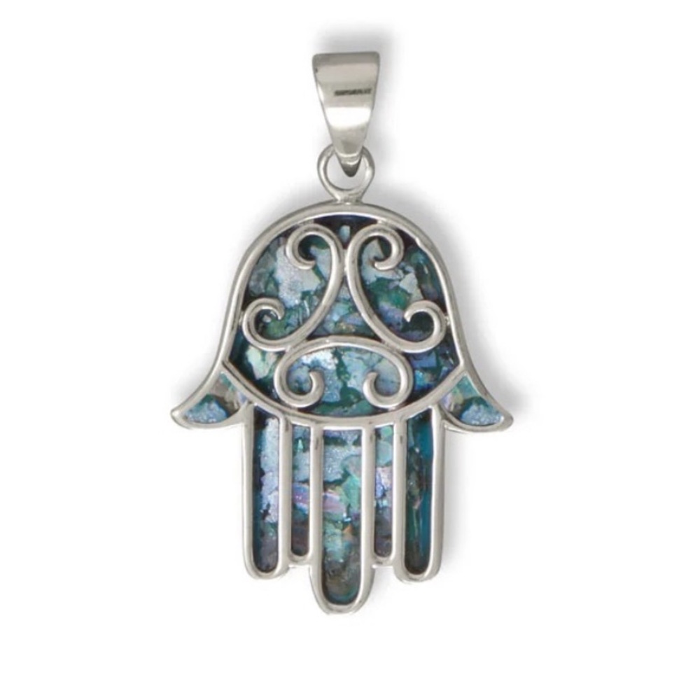 NWT-Oxidized Ancient Roman Glass Hamsa Hand of God Pendant - 925 Sterling Silver